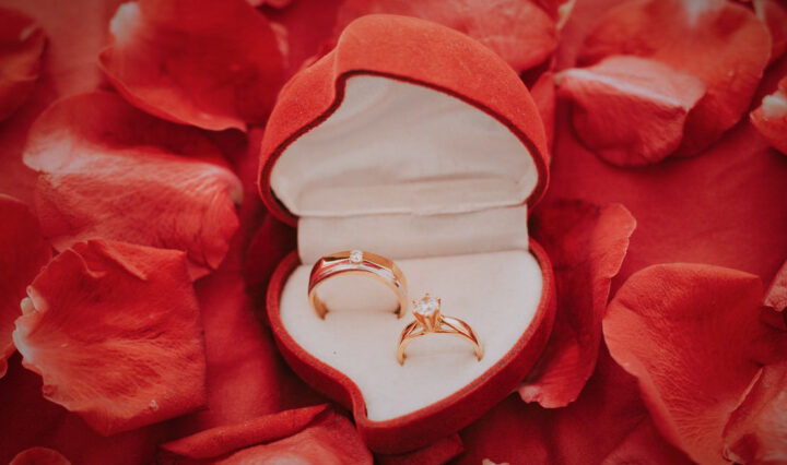 rings inside heart-shaped ring box with red rose petals as the background