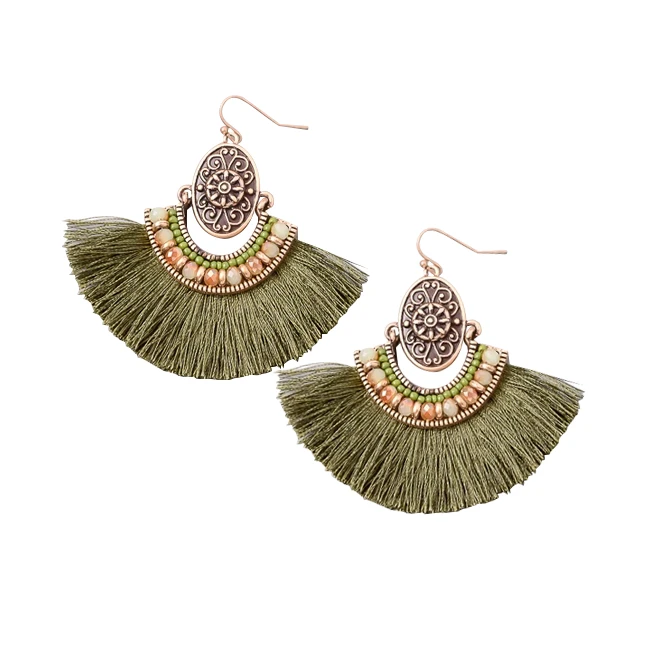 Eternal Sparkles Bohemian Fan Chandelier Earrings in Olive