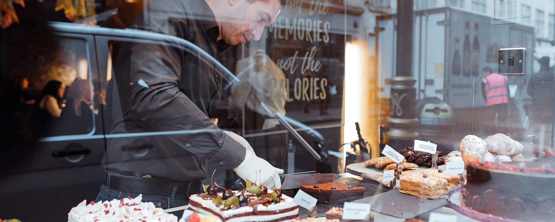 pastry shop window view from the outside