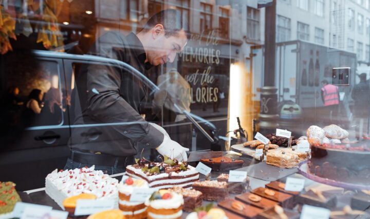 pastry shop window view from the outside
