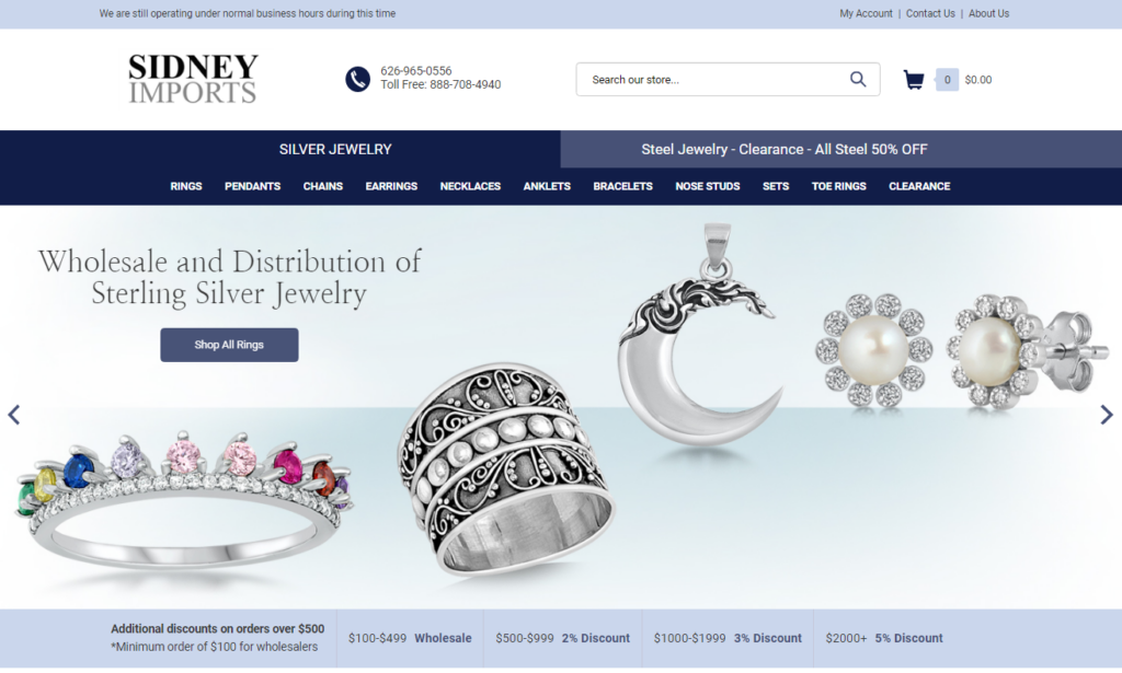 screenshot of the Sidney Imports website homepage